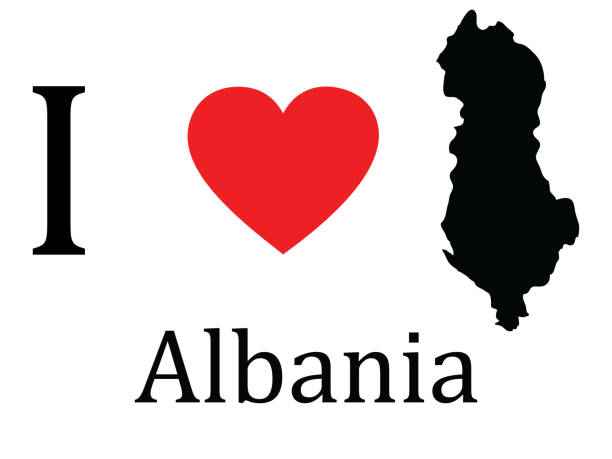 ilustraciones, imágenes clip art, dibujos animados e iconos de stock de me encanta el diseño de albania con texto y mapa negro de albania y texto en forma de corazón rojo sobre fondo blanco - letter i love heart shape animal heart
