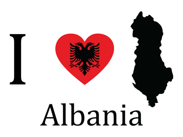 ilustraciones, imágenes clip art, dibujos animados e iconos de stock de me encanta el diseño de albania con texto y negro mapa de albania y la bandera nacional en la forma del corazón sobre el fondo blanco - letter i love heart shape animal heart