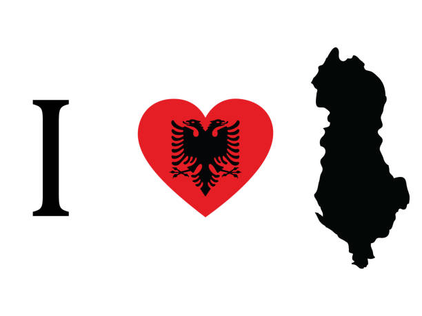 ilustraciones, imágenes clip art, dibujos animados e iconos de stock de me encanta el diseño de albania con el mapa negro de albania y la bandera nacional en forma de corazón sobre fondo blanco - letter i love heart shape animal heart