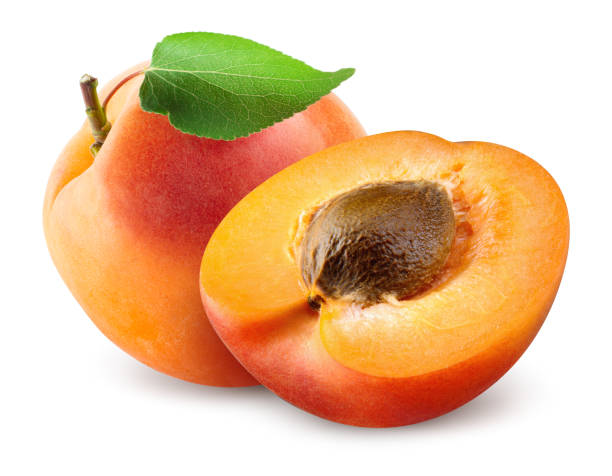 istock Apricots. Apricots isolate on white. Whole apricot with half  and leaf. Fresh apricot. With clipping path. Full depth of field. 1276593671