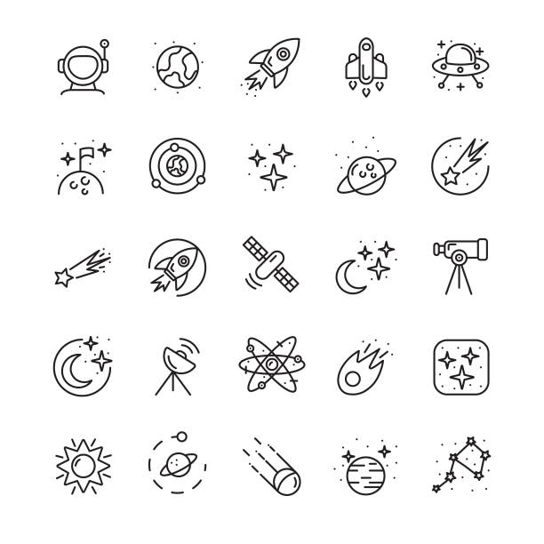 ilustraciones, imágenes clip art, dibujos animados e iconos de stock de espacio - conjunto de iconos de contorno - astronaut