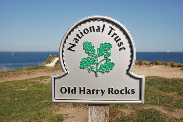 Old Harry Rocks, Dorset Swanage, Dorset - 14 September 2020: Close up of the National Trust Information sign at the approach to Old Harry Rocks. national trust photos stock pictures, royalty-free photos & images
