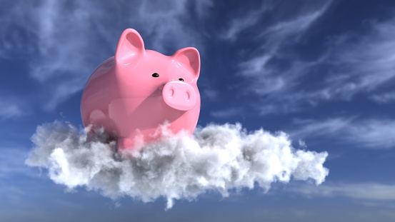 A piggy bank on the cloud in the blue sky. 3d illustration.