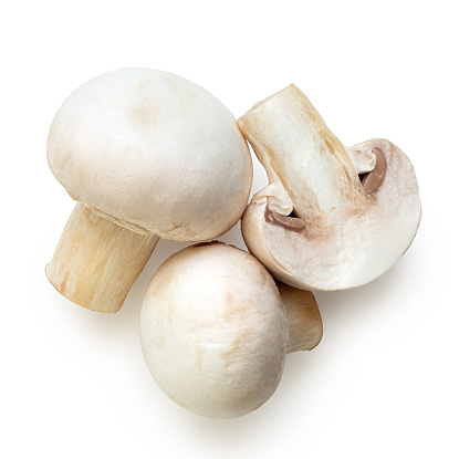 Group of two and half button mushrooms isolated on white. Top view.