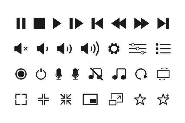 zestaw ikon odtwarzacza multimedialnego. przyciski kontrolera wideo i audio. kolekcja muzyki i nawigacji multimedialnej. ikona mikrofonu ze znakiem głośności. narzędzie korektora z odtwarzaniem i zatrzymywania - arrow sign audio stock illustrations