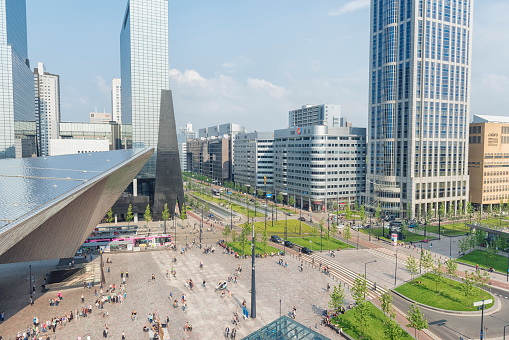 Aerial view of Rotterdam Station Square during a sunny summer day.