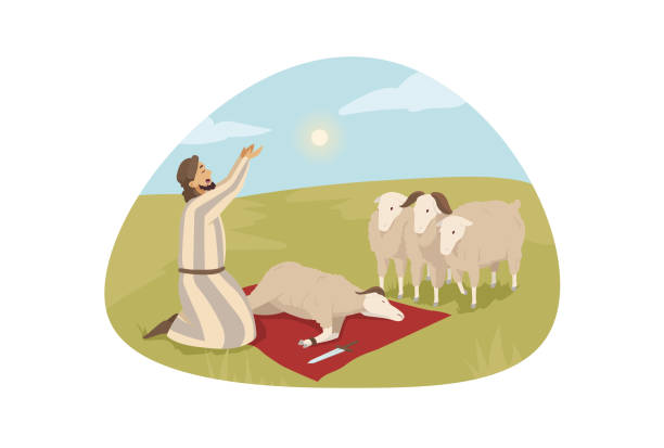 ilustraciones, imágenes clip art, dibujos animados e iconos de stock de biblia, religión, carácter, concepto de ofrenda de sacrificio - sacrifice play illustrations