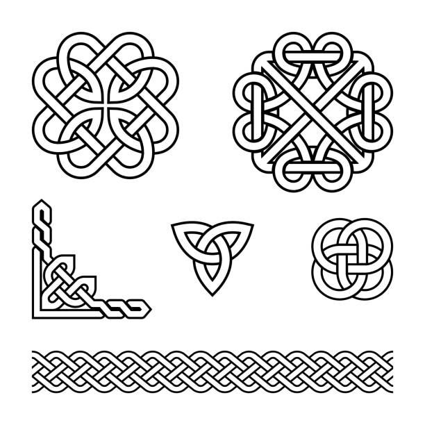 ilustraciones, imágenes clip art, dibujos animados e iconos de stock de conjunto de patrones vectoriales celtas - trenzas y nudos con trazo, colección de elementos de diseño tradicional irlandés - celtic culture tied knot frame braided