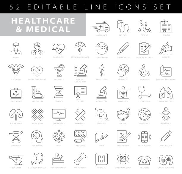 illustrazioni stock, clip art, cartoni animati e icone di tendenza di semplice set di icone della linea vettoriale relativa all'assistenza sanitaria e alla medicina. insieme outline symbol - screening