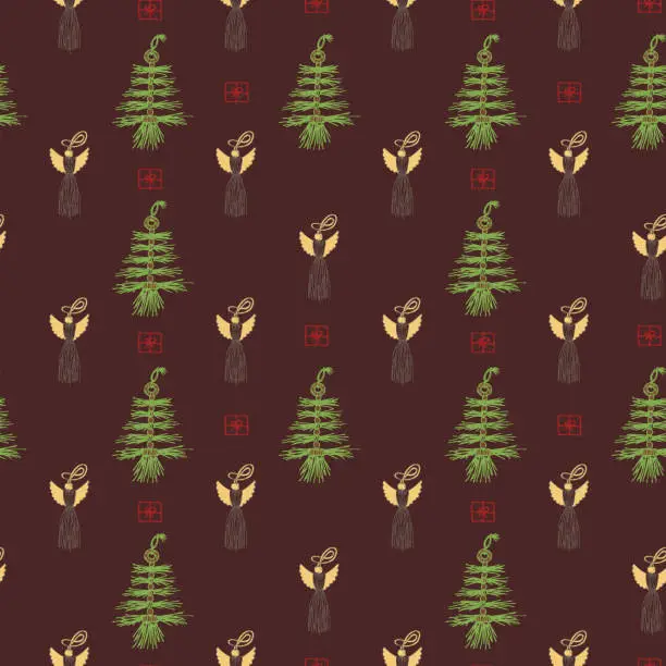 Vector illustration of ПечатьSeamless vector pattern from doodle elements of weaving Christmas toys macrame and trendy interior in boho, folk style. Background for printing on fabric, paper, etc.