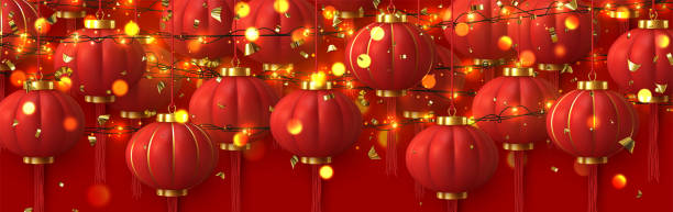 istock Background Chinese red lanterns. gold light garlands, golden bokeh. 1276601798