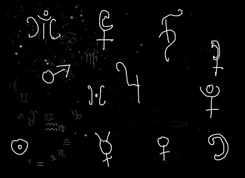 Astrological symbols of planets on cosmic black background