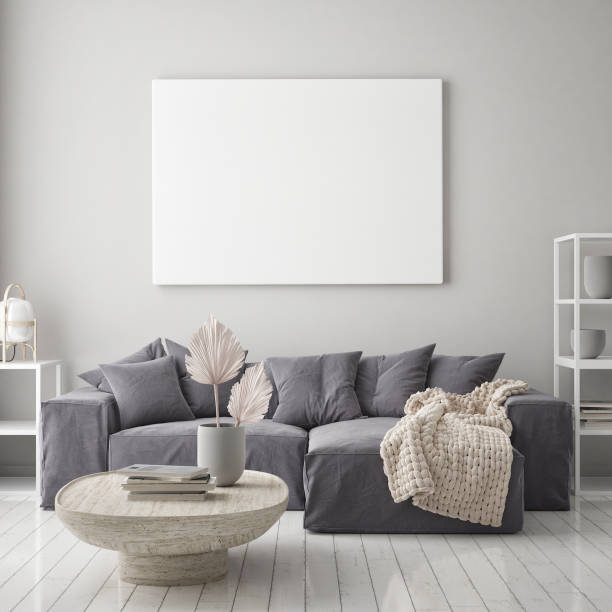 istock mock up poster frame in modern interior background, scandinavian style, 3D render 1276604592
