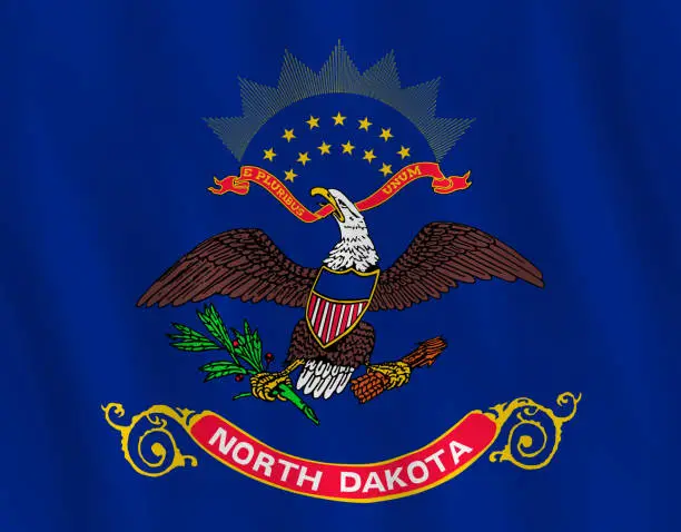 Vector illustration of North Dakota US state flag with waving effect, official proportion.