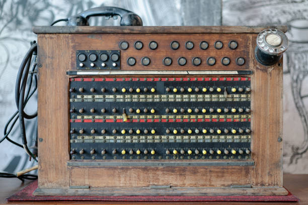 istock Historical, telecommunications system. Old vintage telephone switchboard. 1276604789