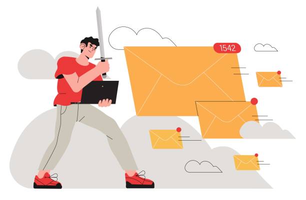 istock Brave man, office worker, business man fight with spam email messages by protecting his computor with sword. Spamming, email organization or mailbox cleaner concept illustration for web or ui design. 1276605974