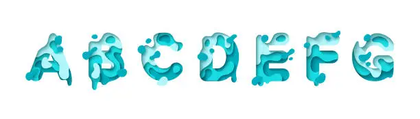 Vector illustration of Paper cut letter A, B, C, D, E, F, G. Design 3d sign isolated on white background. Alphabet font of melting liquid. vector illustration