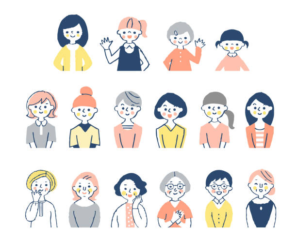 ilustraciones, imágenes clip art, dibujos animados e iconos de stock de conjunto de mujeres de diversas edades - aging process women human face daughter