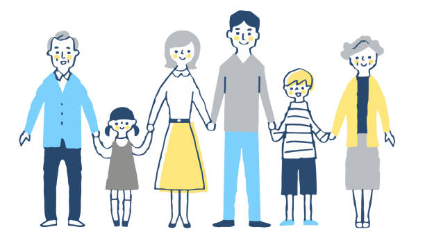 улыбающаяся семья, держащаяся за руки - выше пояса иллюстрации stock illustrations