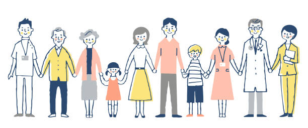 手をつないでいる医療従事者と患者の家族 - 家族　笑顔点のイラスト素材／クリップアート素材／マンガ素材／アイコン素材