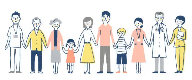 Vector illustration of Healthcare workers holding hands and the patient's family