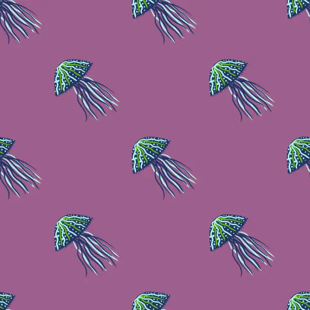 Vector illustration of Navy blue and green colored jellyfish silhouettes seamless pattern. Light purple background. Cartoon marine print.