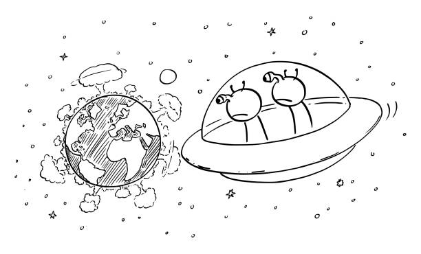 ilustrações, clipart, desenhos animados e ícones de ilustração de desenhos animados vetoriais de aliens engraçados em ovnis ou disco voador assistindo de explosões de guerra nuclear espacial no planeta terra. - hydrogen bomb exploding war earth