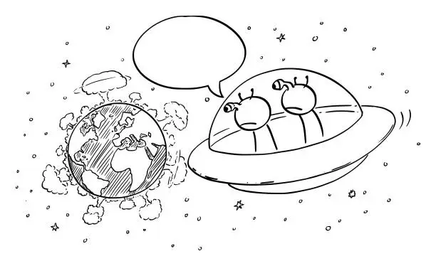 Vector illustration of Vector Cartoon Illustration of Funny Aliens in UFO or Flying Saucer Watching From Space Nuclear War Explosions on Planet Earth and Commenting It.