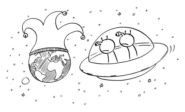 vektor-cartoon-illustration von zwei lustigen aliens in ufo oder fliegende untertasse beobachten planet erde aus dem weltraum, menschheit oder menschliche dummheit oder wahnsinn - mankind stock-grafiken, -clipart, -cartoons und -symbole