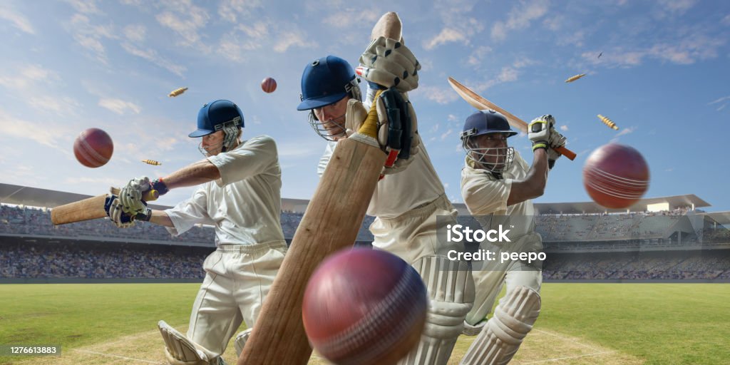 Montage of Cricket Players Hitting Cricket Balls In Outdoor Stadium A montage of three image of a cricket player holding and swinging the cricket bat in various poses during a game of cricket. The batsman are placed at the crease in a generic cricket stadium on a grass surface. Cricket balls and bails with motion blur surround the players. Sport of Cricket Stock Photo