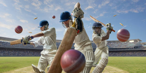 Montage of Cricket Players Hitting Cricket Balls In Outdoor Stadium stock photo