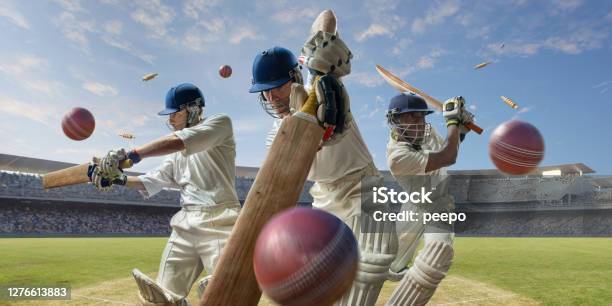 Montage Of Cricket Players Hitting Cricket Balls In Outdoor Stadium Stock Photo - Download Image Now
