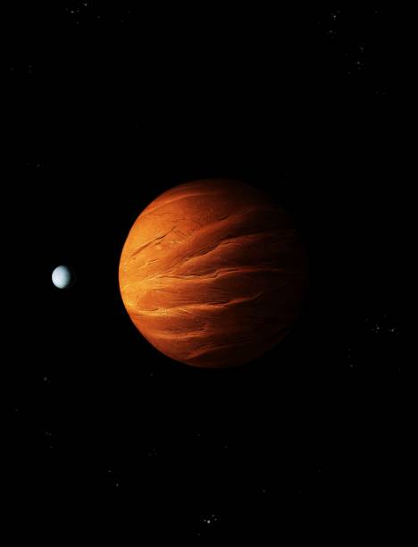 Rocky red planet with solid surface and satellite on a black background with stars