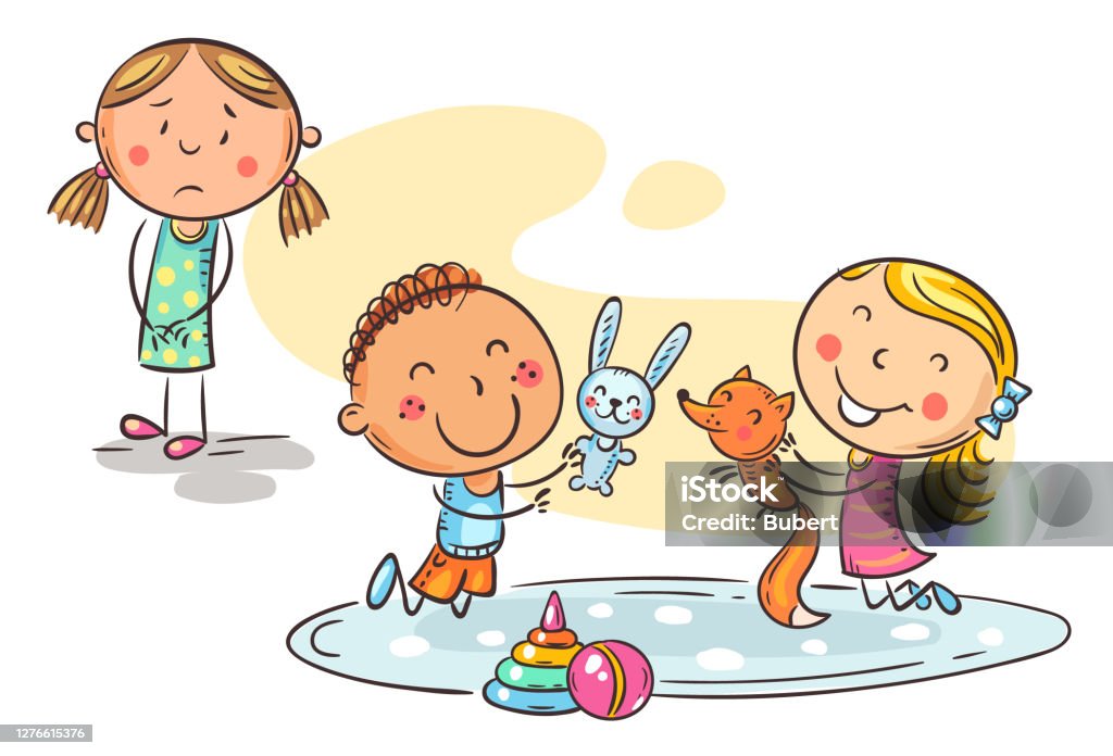 Unhappy Girl Watching Other Kids Playing Preschoolers Socialization  Problems Colorful Cartoon Illustration Stock Illustration - Download Image  Now - iStock