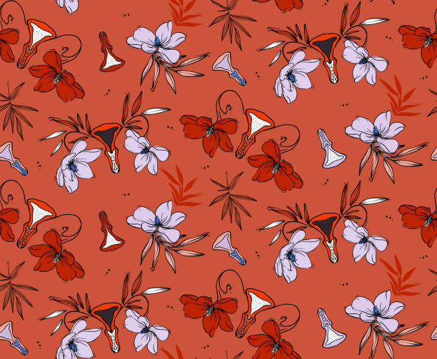 Vulva paradise plants, funny vagina pattern in red violet colors. Seamless repeat pattern design Hibiscua, peony tender flowers decor Vulva paradise plants, funny vagina pattern in red violet colors. Seamless repeat pattern design. phallic object stock illustrations