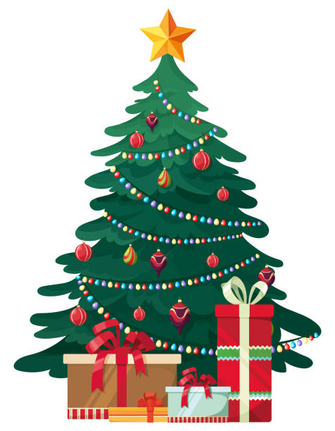 geschmückter weihnachtsbaum. - weihnachtsbaum stock-grafiken, -clipart, -cartoons und -symbole