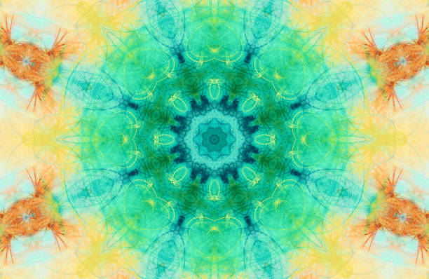 Iridescent geometric kaleidoscopic backdrop in  orange and turquoise tones . Abstract  eastern style