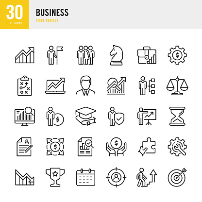 BUSINESS - thin line vector icon set. 30 linear icon. Pixel perfect. The set contains icons: Business Strategy, Teamwork, Leadership, Group Of People, Career, Financial Report, Award.