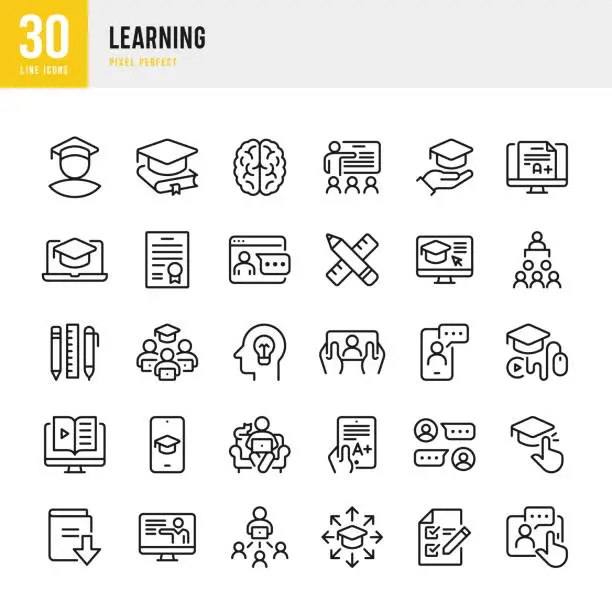 Vector illustration of LEARNING - thin line vector icon set. Pixel perfect. The set contains icons: E-Learning, Educational Exam, Student, Home Schooling, Brain, Download Book, Portfolio, Certificate, Graduation.