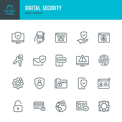 Digital Security - thin line vector icon set. 20 linear icon. Pixel perfect. Editable stroke. The set contains icons: Security System, Antivirus, Privacy, Fingerprint, Web Page, Password, Support.