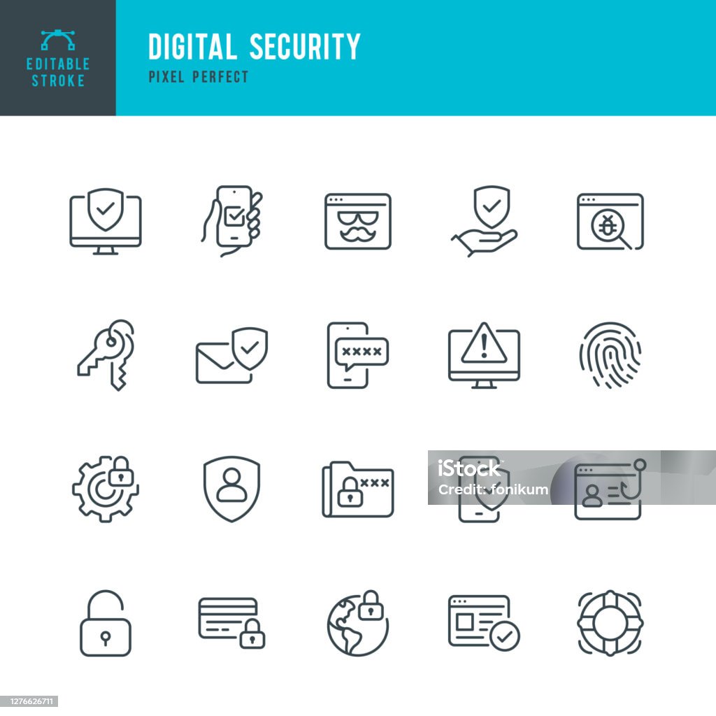 Digital Security - thin line vector icon set. Pixel perfect. Editable stroke. The set contains icons: Security System, Antivirus, Privacy, Fingerprint, Web Page, Password, Support. Digital Security - thin line vector icon set. 20 linear icon. Pixel perfect. Editable stroke. The set contains icons: Security System, Antivirus, Privacy, Fingerprint, Web Page, Password, Support. Icon stock vector
