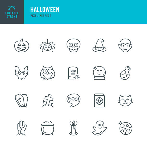 halloween - cienka linia wektora zestaw ikon. piksel idealny. edytowalne obrys. zestaw zawiera ikony: halloween, dynia, wampir, cmentarz, czaszka, duch, eliksir, pająk, zombie hand. - ghosts & ghouls illustrations stock illustrations