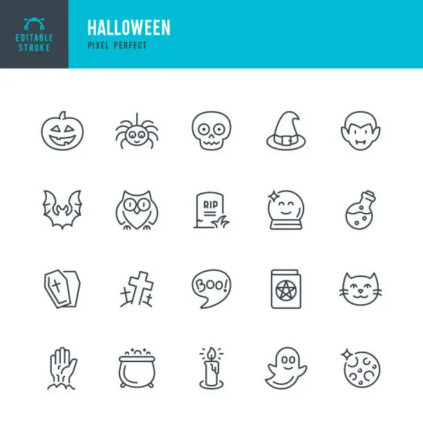 Vector illustration of HALLOWEEN - thin line vector icon set. Pixel perfect. Editable stroke. The set contains icons: Halloween, Pumpkin, Vampire, Cemetery, Skull, Ghost, Potion, Spider, Zombie Hand.