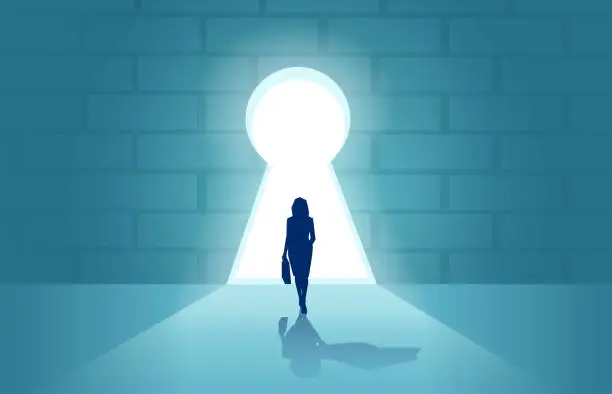 Vector illustration of Vector of a brave business woman entering a door in a shape of a keyhole