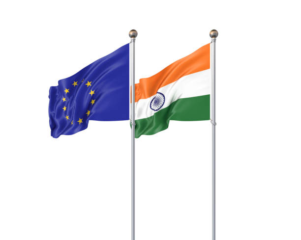 istock Two realistic flags. 3D illustration on white background.European Union vs India. 1276629877