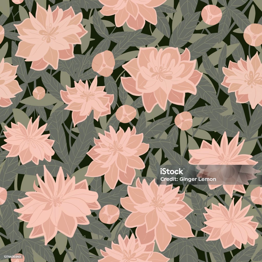 Seamless Surface Floral Night Pattern Of Pink Flowers And Grey Green Leaves  Pastel Dusty Pink Flowers On Black Background For Invitations Cards Textile  And Stationary Hand Drawn Digital Design Stock Illustration -