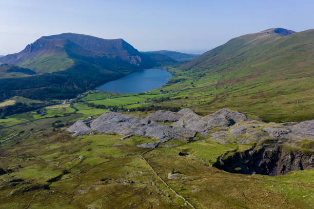 Aerial view of a lake in beautiful mountainous scenery (Rhyd Ddu, Snowdonia, Wales) Aerial view of a lake in beautiful mountainous scenery (Rhyd Ddu, Snowdonia, Wales) mount snowdon photos stock pictures, royalty-free photos & images