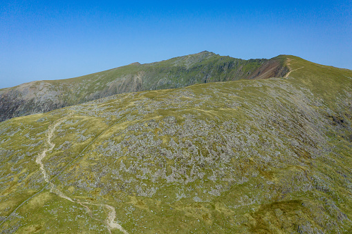 Aerial view of Mount Snowdon and Bwlch Main along the Rydd Ddu hiking route (Snowdonia, Wales, UK)
