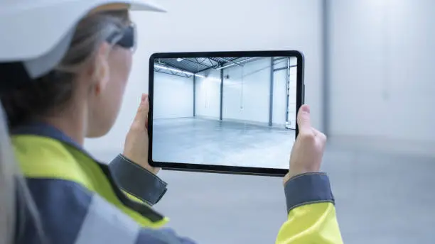 Industry 4.0 Modern Factory: Female Engineer Uses Digital Tablet Computer with Augmented Reality Software Visualizing of Manufacturing Plant Room Mapping, Factory Layout. Concept Shot Suitable for AR.