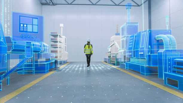 istock Female Engineer Walks Through Factory Workshop with Augmented Reality 3D Models CNC Machinery Production Line. Industry 4.0 Graphics Visualization in Factory. VFX Special Graphics and Visual Effects 1276633131